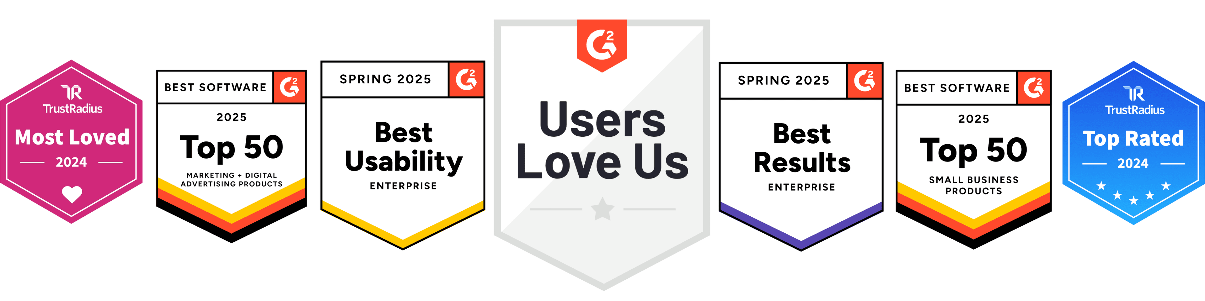 Collection of G2 software awards and badges from Spring 2025 including Most Loved, Top 50, Best Usability, and Top Rated honors